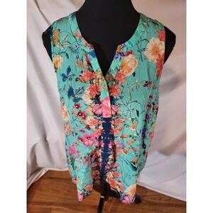Tolani Floral Print Silk Sleeveless Blouse Pintuck Detail Size L Garden